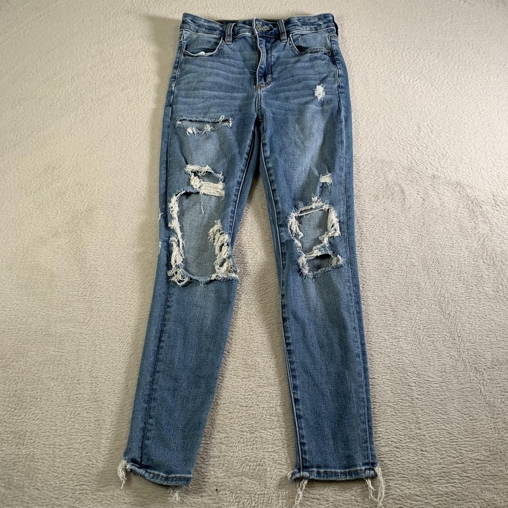 American Eagle Super Hi Rise Jegging Jeans Womens 4 Short Medium Wash Distressed